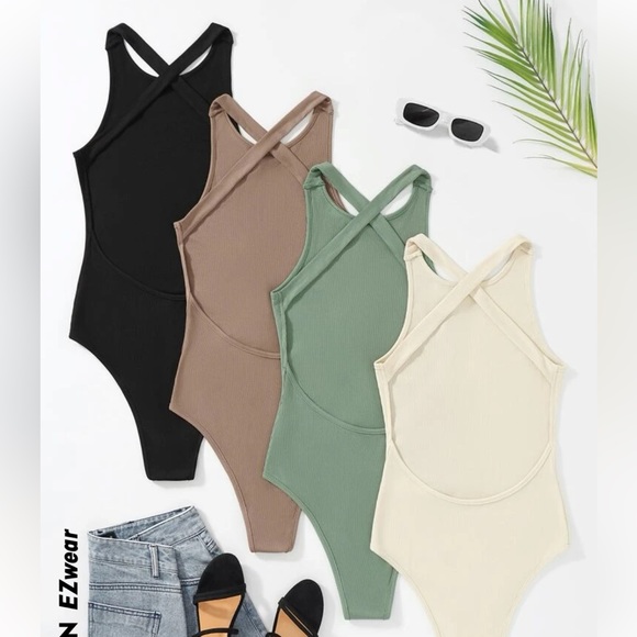4pcs Rib Knit Criss Cross backed Bodysuits - Picture 2 of 4